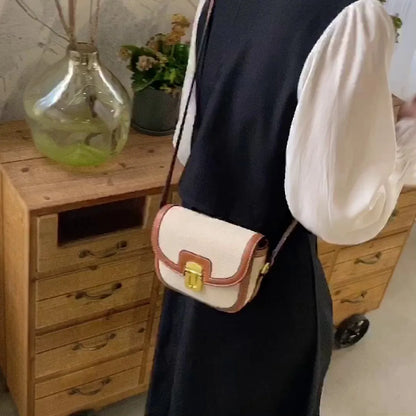 Vintage Panelled Saddle Crossbody Bags for Women Designer Canvas Pu Leather Patchwork Shoulder Bag Casual Beach Small Purse 2024