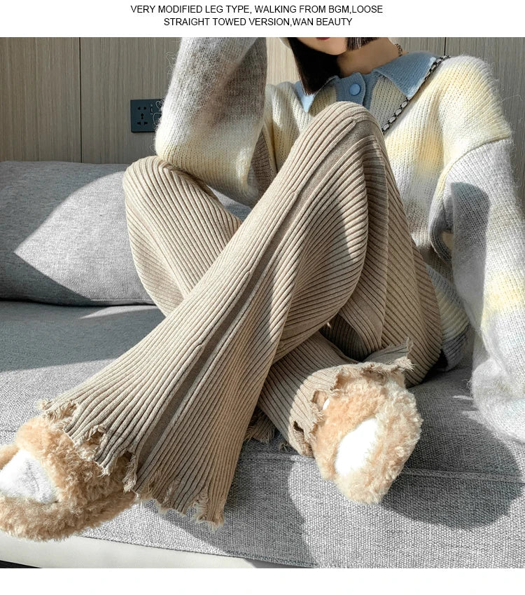 Suninheart Tassels Wide Leg Knitted Pants Women Winter Stripe Loose Trousers Femme Casual Full Length Warm Sweater Pants 2022