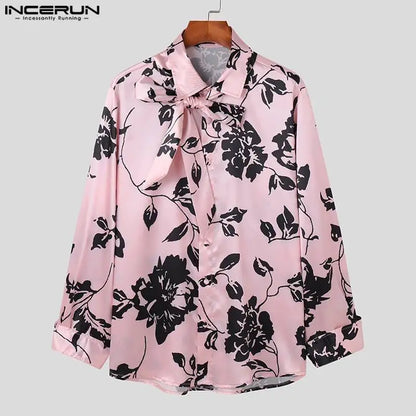 2023 Men Shirt Printing Satin Lapel Long Sleeve Lace Up Men Clothing Autumn Streetwear Fashion Casual Camisas S-5XL INCERUN