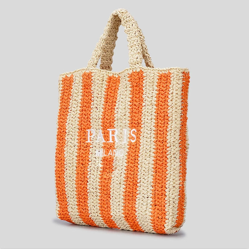 Casual Striped Straw Tote Bag Designer Letters Woven Women Handbags Handmade Summer Beach Bag Big Bali Travel Shopper Purse 2024