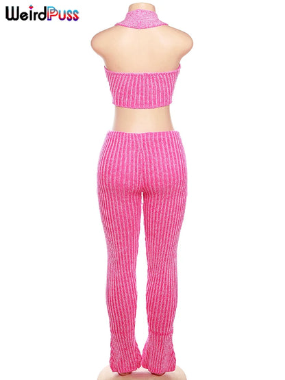 Conjunto informal de dos piezas con cuello en V profundo y tirantes finos de punto de ganchillo para mujer, con estampado de gato extraño y rayas azules, pantalones ajustados y elásticos a juego