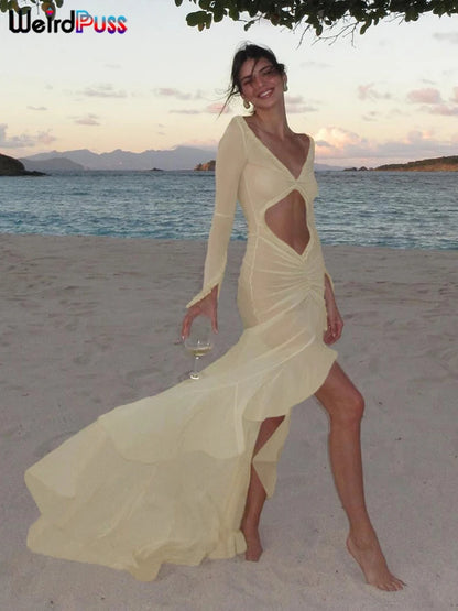 Vestido elegante de mujer con escote en V, sexy y transparente, con volantes, mangas largas, encaje fruncido, ajustado, para playa, vacaciones y discotecas