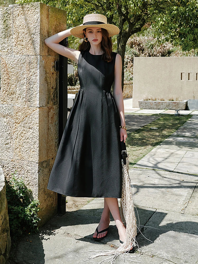 FSLE Women Sleeveless Long Dress Black Knee-Length A-LINE Dress 2024 Summer Elegant Office Lady Dress 24FS12894+24FS12910