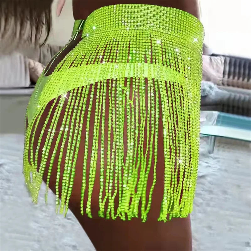 Minifalda de bikini de playa de verano para mujer, falda larga con borlas y diamantes de imitación brillantes, ropa de playa sexy ajustable