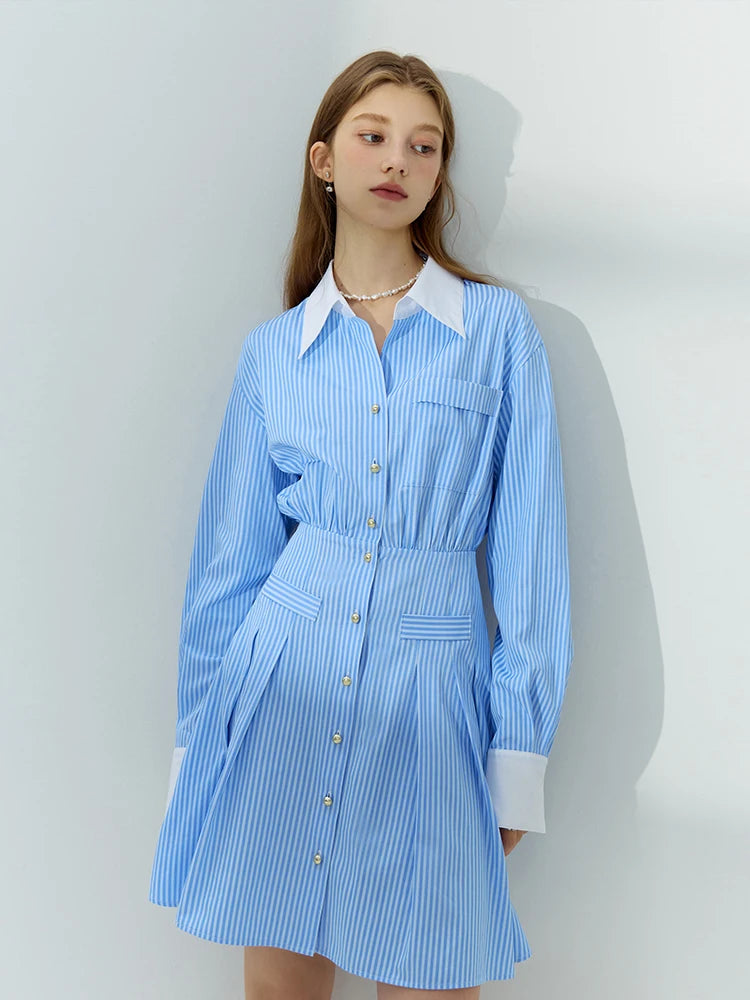 FSLE Polo Neck Women Autumn Long Sleeve Shirt Dresses High Waist Back Elastic Waist Design Women Above-Knee Length Stripe Dress