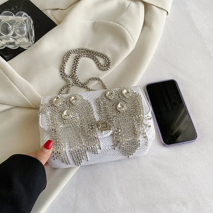 Evening Small Square Bags for Women 2023 Fashion Diamond Tassel Handbag Leather Chain Luxury Party Sparkle Shoulder Bag Woman