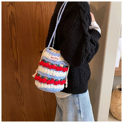 Handmade Woven Cherry Woolen Bag Fresh Fruit Woven Bag Crochet Knitted Bag Leisure String Shoulder Crossbody Bag 2024 New