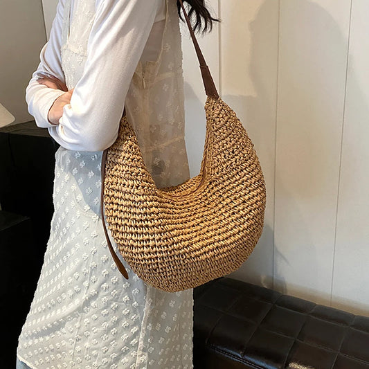 Bolsos de hombro de paja estilo hobo para mujer, bolsos cruzados tejidos a mano, bolsos de playa sencillos de estilo vintage para verano, bolsos de mano de gran capacidad