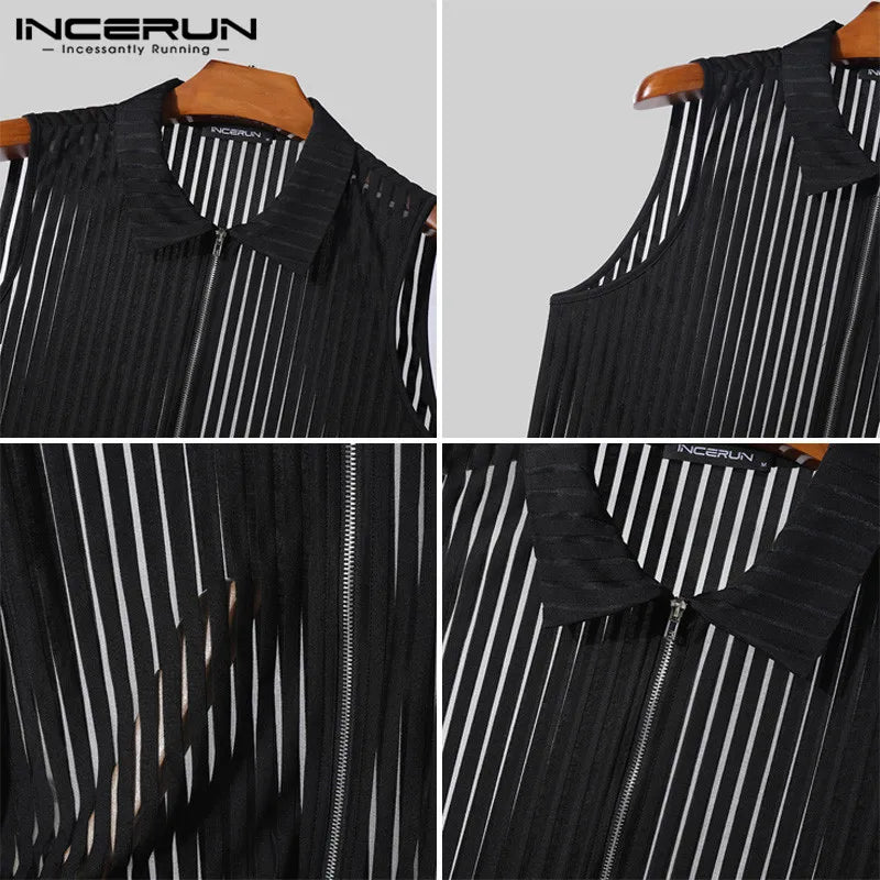 Fashion Casual Style Tops INCERUN Men's Vertical Stripe Perspective Zipper Vests Sexy Male Thin Sleeveless Tank Tops S-5XL 2024