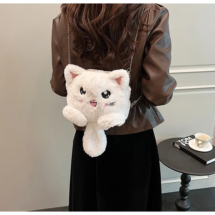 Bolso estilo japonés rosa kawaii para mujer, bolso de hombro de felpa con dibujos de gato para mujer, bolso cruzado, bolso pequeño para teléfono y cartera, novedad de 2024