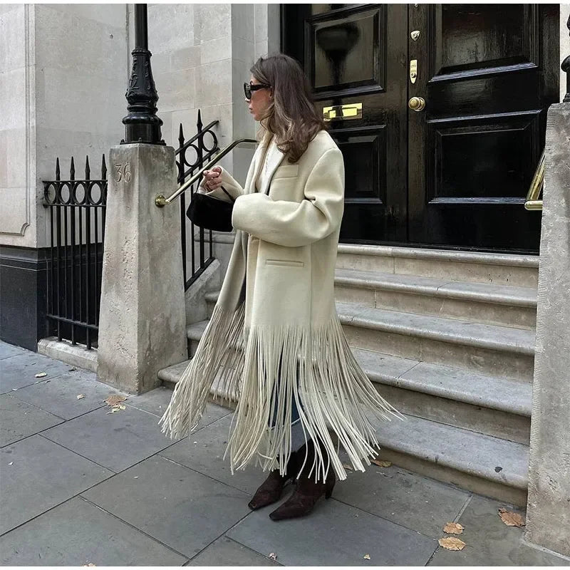 Fashion Women Tassel Woolen Blends Coat 2023 Autumn Solid Lapel Full Sleeve Pocket Coats Chic Warm Female Streetwear Overcoats