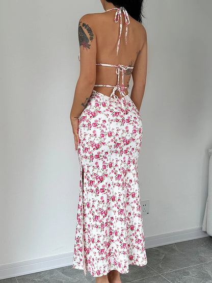 Dulzura - Vestido largo con cuello halter y encaje floral para mujer, vestido midi ajustado sin espalda, atuendo sexy para fiesta y club, ropa de calle, vestido de verano