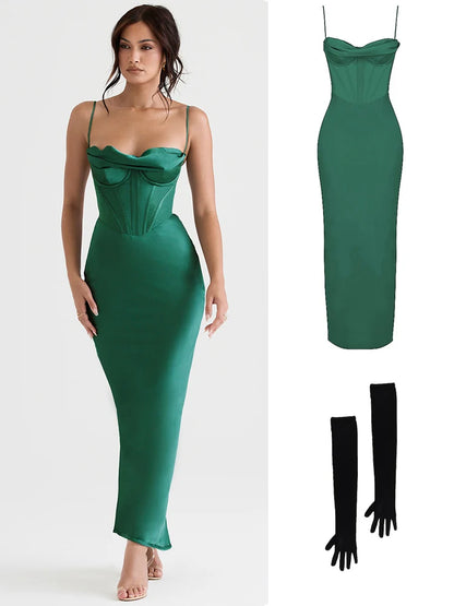 Vestido maxi verde ajustado sexy para eventos de celebridades, vestidos de fiesta de noche de graduación, vestidos de satén con cuello en V y tirantes finos para mujer, verano 2022