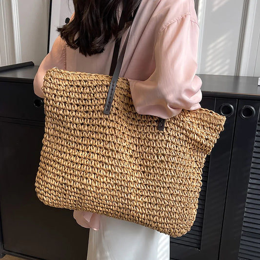 Casual Large Capacity Straw Tote Bag Vintage Woven Women Shoulder Bags Handamde Summer Beach Handbags Big Shopper Purses 2024