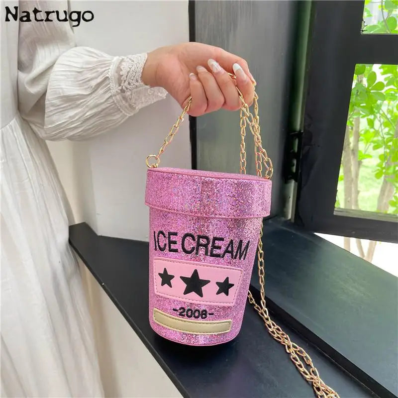 Funny cute cup shape shoulder bag icea cream letter printing bucket bag ladies crossbody messenger bag female purse handbag