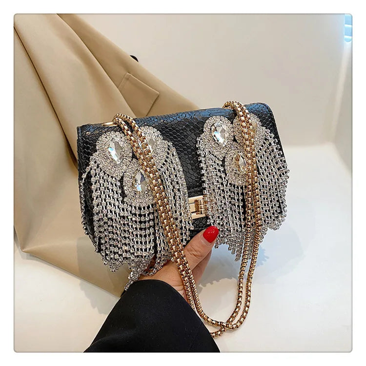 Evening Small Square Bags for Women 2023 Fashion Diamond Tassel Handbag Leather Chain Luxury Party Sparkle Shoulder Bag Woman