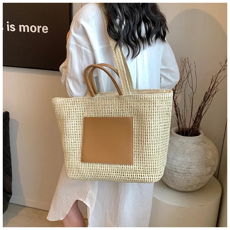 Casual Large Capacity Straw Tote Bag Hollow Paper Weave Women Shoulder Bags Handmade Summer Beach Handbag Big Bali Shopper Purse