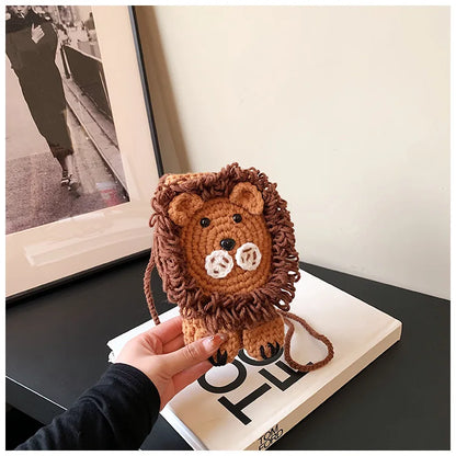 Cute Little Lion Bag For Girls Women's Funny Mobile Phone Coin Purse Winter Knitting Shoulder Crossbody Bag