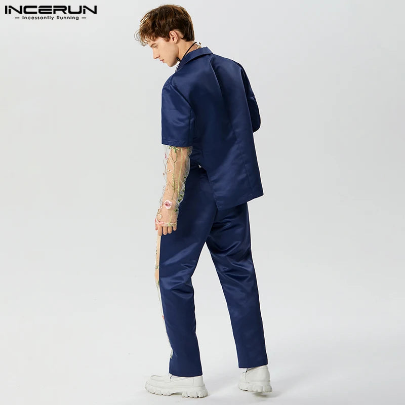 2023 Fashion Men Sets Embroidery Mesh Patchwork Lapel Long Sleeve Blazer & Pants 2PCS Streetwear Men Casual Suits S-5XL INCERUN