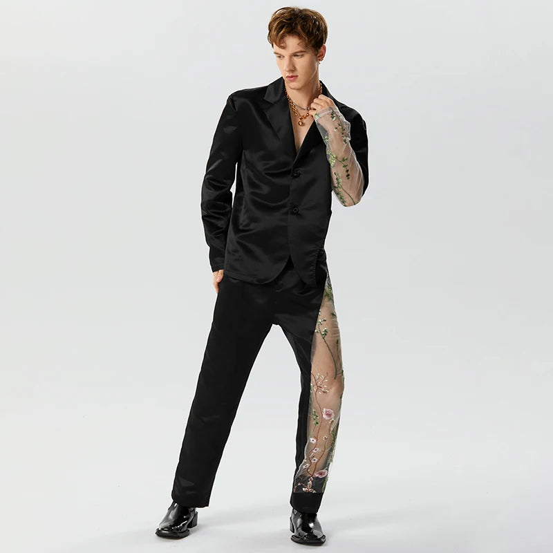 2023 Fashion Men Sets Embroidery Mesh Patchwork Lapel Long Sleeve Blazer & Pants 2PCS Streetwear Men Casual Suits S-5XL INCERUN