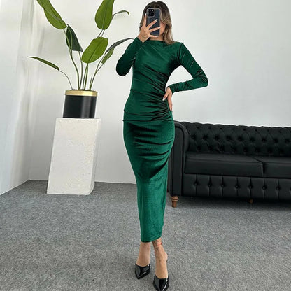 Dulzura 2024 Spring Summer Velvet Long Sleeve Midi Dress For Women Ruched Long Dress Elegant Party Clothes Evening Green Outfits