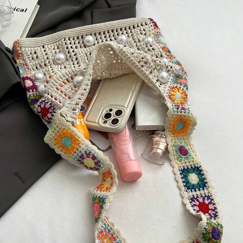 Casual Hollow Out Pearls Knitted Women Shoulder Bag Weave Crossbody Bags Bohemian Summer Beach Large Capacity Shopper Purse 2024