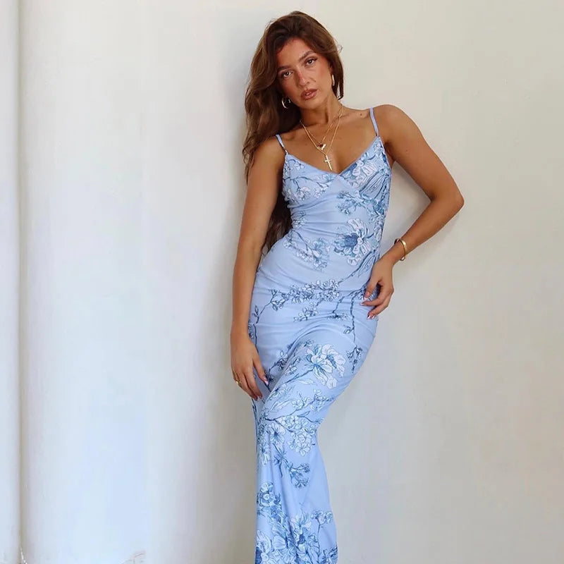 Robe à bretelles sans manches à imprimé floral pour femmes, mode col en V, robes maxi slim, été chic, femme, plage, fête, club, 2023