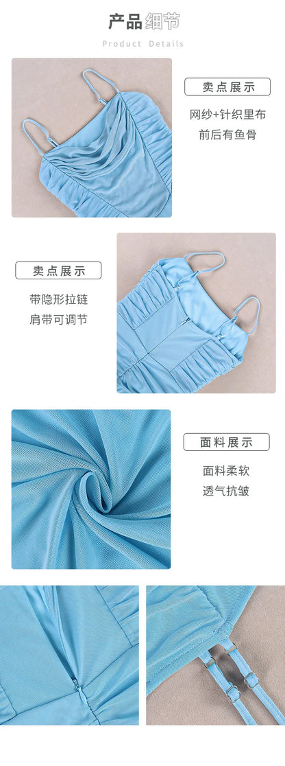 Suninheart High-quality Solid Color Blue Mesh Dress 2023 New Sexy Fishbone Pleats Open Backpack Hip Strap sexy Dress