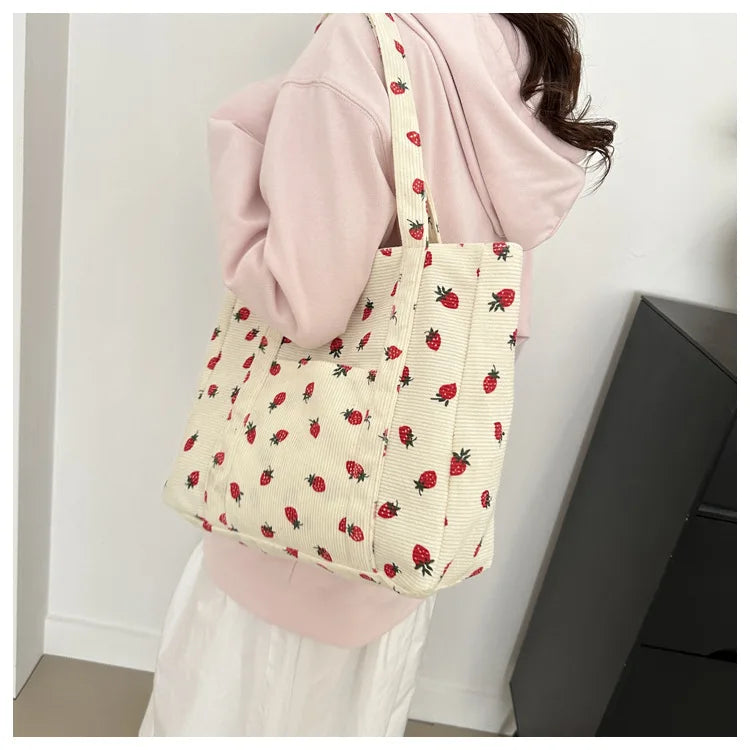 Sac fourre-tout décontracté à motif de fraises, grande capacité, sacs à bandoulière pour femmes, sacs à main chics et simples, grand sac de courses en nylon, sacs à main pour étudiants