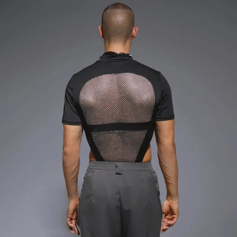 2023 Monos para hombre de malla de retazos transparentes con agujeros, monos de cuello redondo de manga corta, mono sexy de moda para hombre S-3XL INCERUN