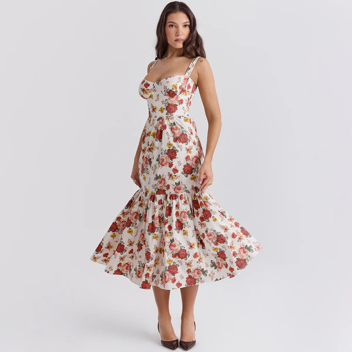 Suninheart Summer Ruffle Hems Elegant Party Dresses 2024 Causal Floral Print Fit and Flare Dress with Pocket Women Midi Dress