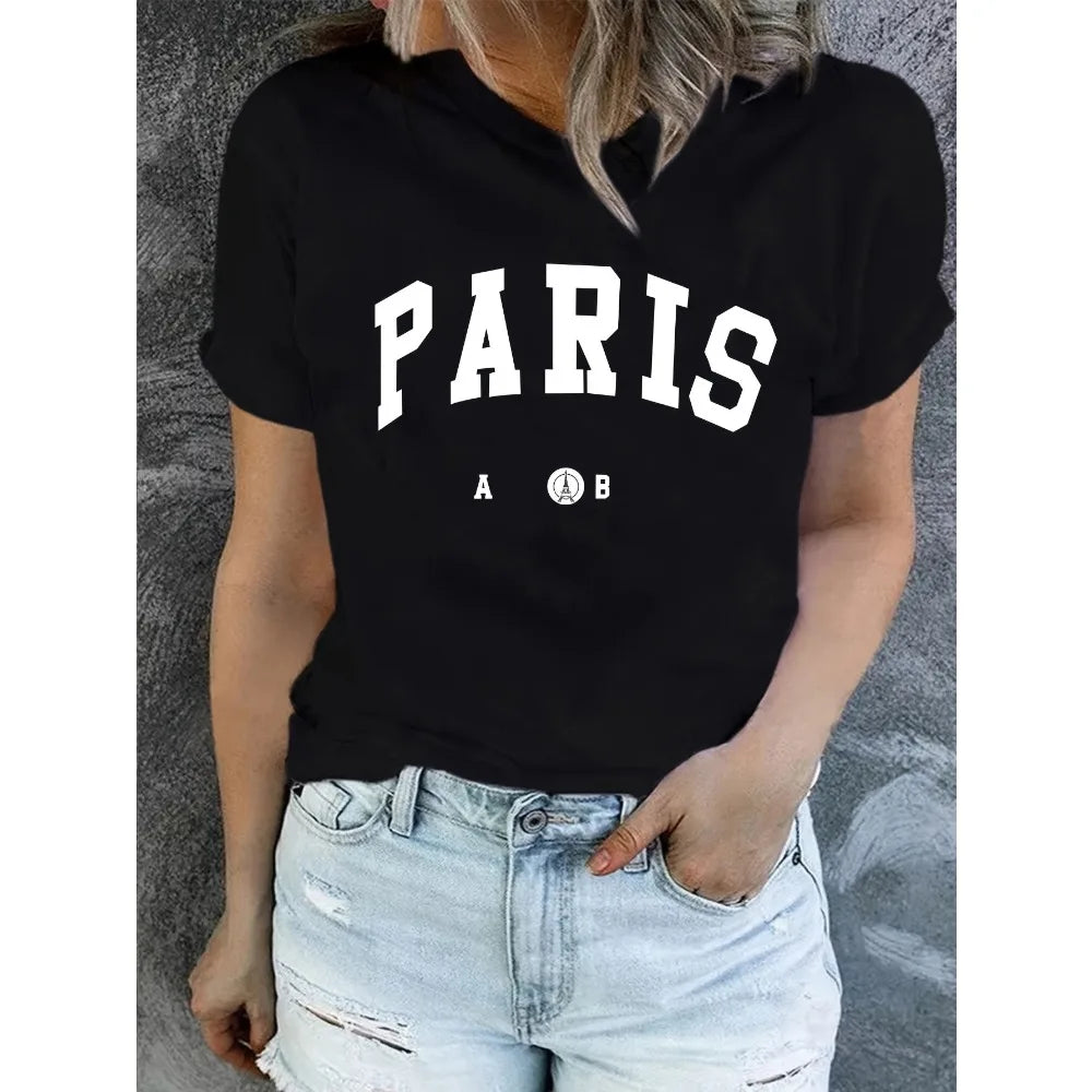 T-shirt à imprimé lettre Paris pour femme, haut décontracté à col ras du cou et manches courtes, vêtements pour femmes, hauts pour femmes