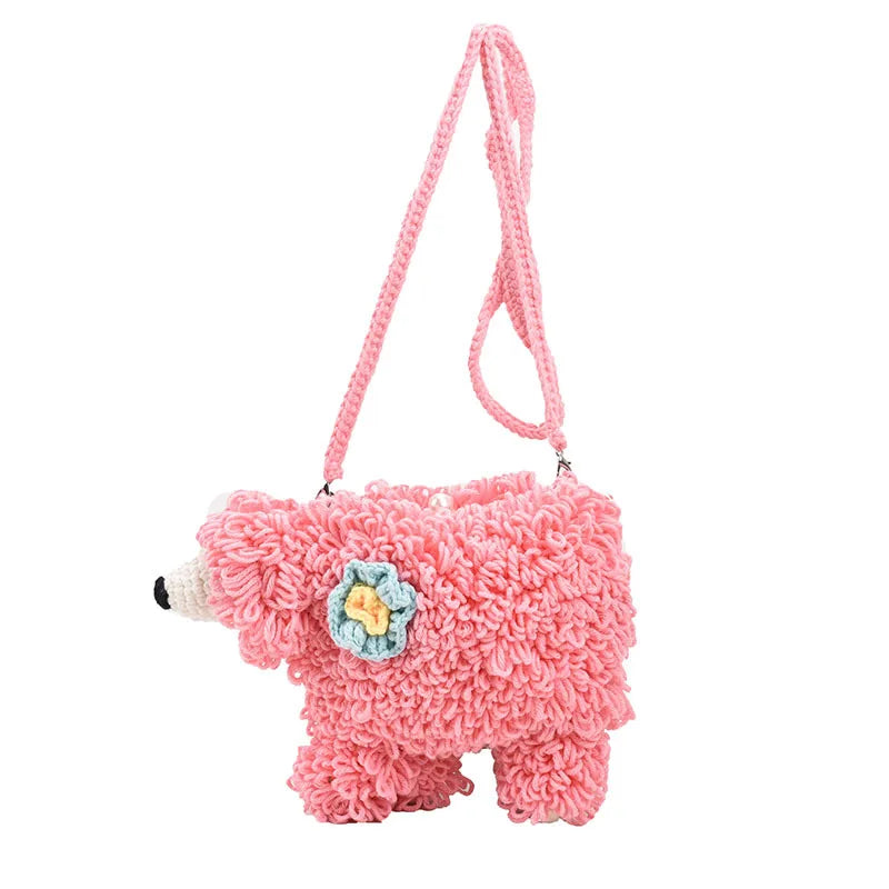 Bolso tejido a mano con forma de perro de dibujos animados para niña, bolso cruzado de lana, bonito bolso de punto, bolso de ganchillo para teléfono móvil