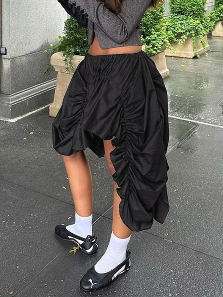 DEAT Mode Femme Jupe Taille Élastique Irrégulière Cordon Plis Lâche Streetwear Dame Jupes Hiver 2024 Nouvelle Marée 7AB2711