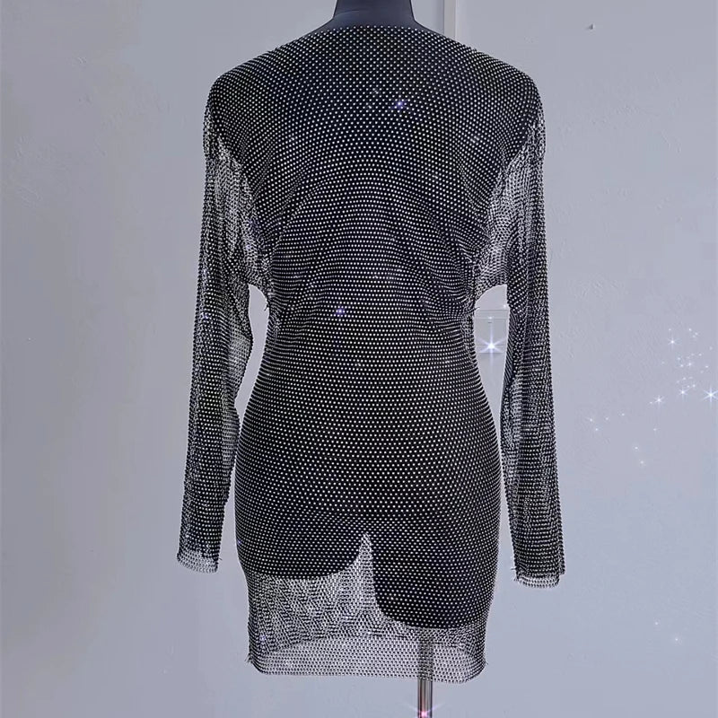 Sparkly Bodycon Dress Long Sleeve Women Sequin Dress Transparent Summer Elegant Sexy Night Club Mesh Glitter Party Dress Black