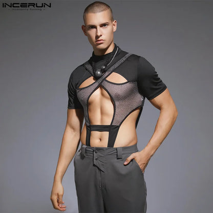 2023 Monos para hombre de malla de retazos transparentes con agujeros, monos de cuello redondo de manga corta, mono sexy de moda para hombre S-3XL INCERUN