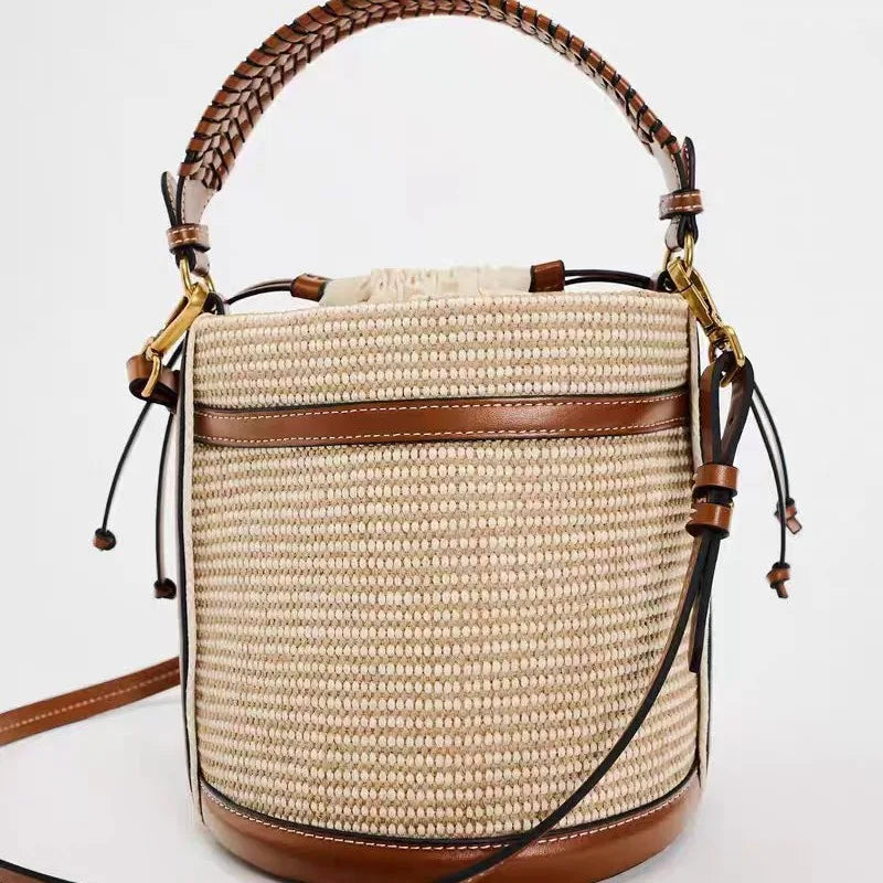 Fashion Straw Bucket Bag Weave Women Handbags Designer Panelled Shoulder Crossbody Bags Casual Summer Beach Small Tote Purses