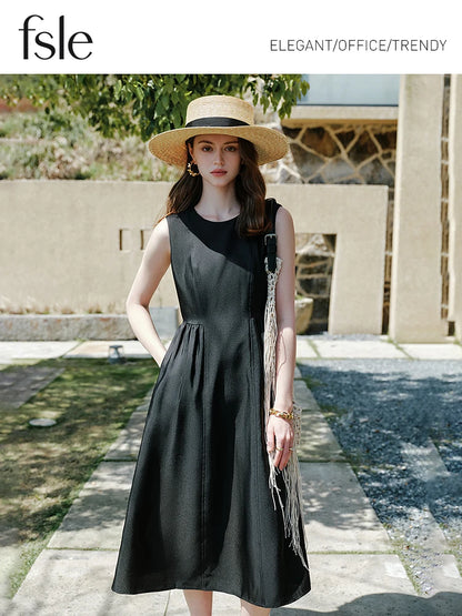 FSLE Women Sleeveless Long Dress Black Knee-Length A-LINE Dress 2024 Summer Elegant Office Lady Dress 24FS12894+24FS12910