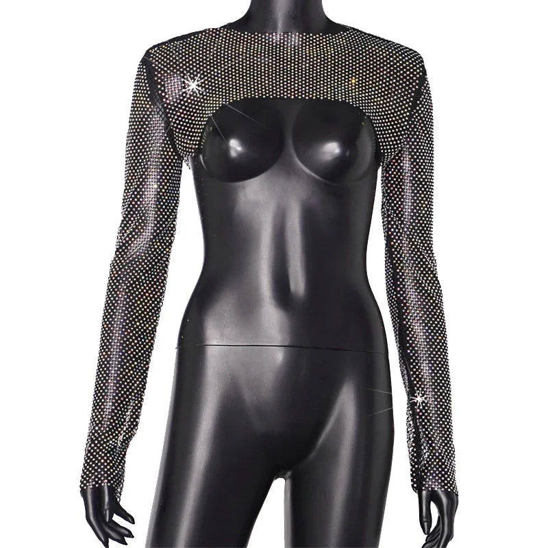 Top corto con diamantes brillantes hecho a mano para mujer, top corto sexy con agujeros, camisetas sin mangas cortas para discoteca, chaleco de tubo negro brillante, top con diamantes