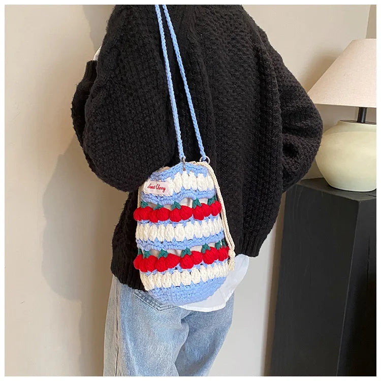 Handmade Woven Cherry Woolen Bag Fresh Fruit Woven Bag Crochet Knitted Bag Leisure String Shoulder Crossbody Bag 2024 New