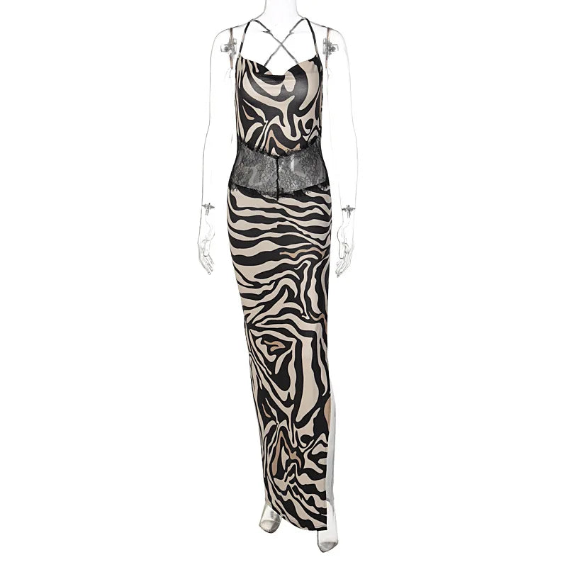 Dulzura Zebra Pring Maxi Dress For Women Side Slit Lace Patchwork Backless Long Dress Sexy Party Club Outfits 2024 Summer