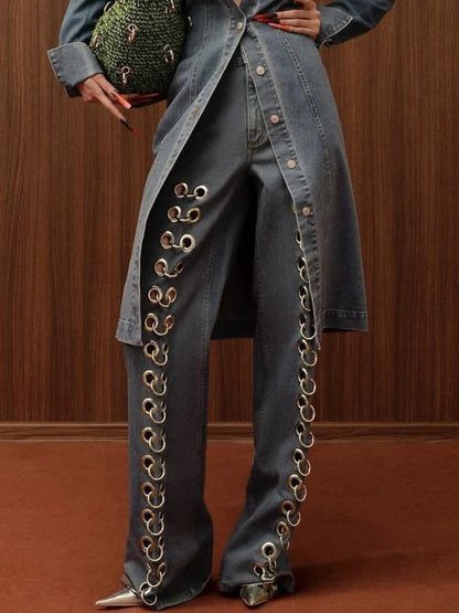 DEAT Fashion Women Denim Pants Loose Low-waisted Metal Hollow Out Floor-length Straight Blue Lady Jeans Spring 2024 New 19F2031