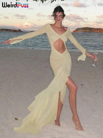 Vestido elegante de mujer con escote en V, sexy y transparente, con volantes, mangas largas, encaje fruncido, ajustado, para playa, vacaciones y discotecas