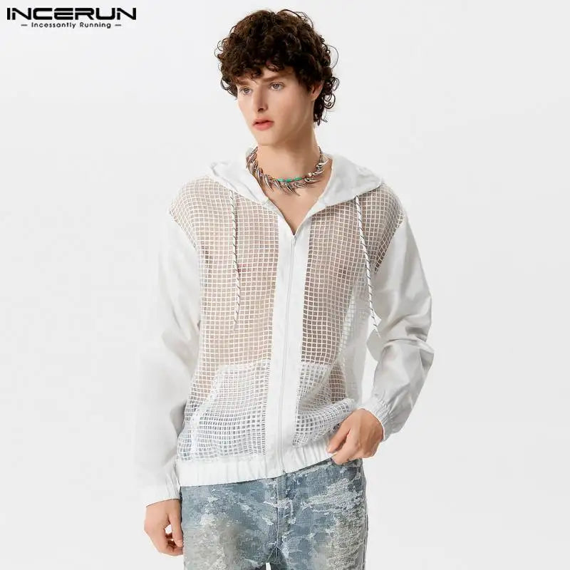 2024 Camisa de hombre de malla de retazos transparente con capucha, cuello en V, cremallera, manga larga, ropa de calle para hombre, camisas de moda sueltas INCERUN