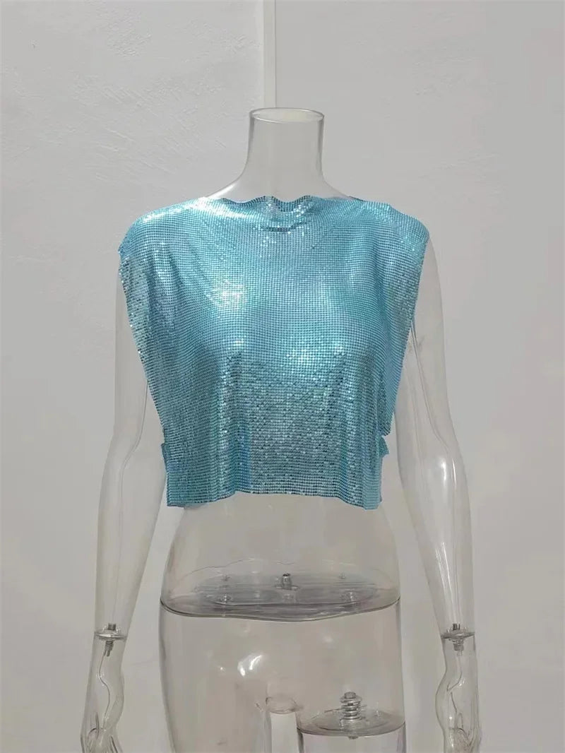 Y2k Shiny Metallic Sequins Festival T- Shirts Crop Tops Sexy Women Sleeveless See Through Glitter Sequin Club Party Rave T Shirt