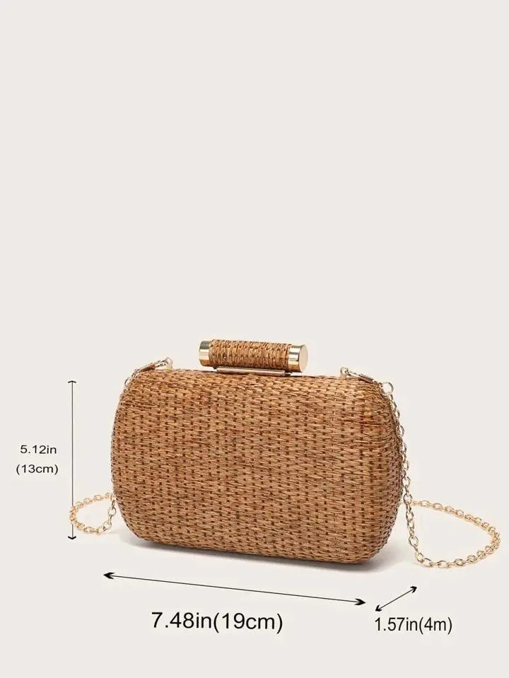 Fashion Mini Minimalist Braided Design Straw Bag Summer Party Purses Vintage Beach Bags Box Chains Shoulder Crossbody Bag 2024