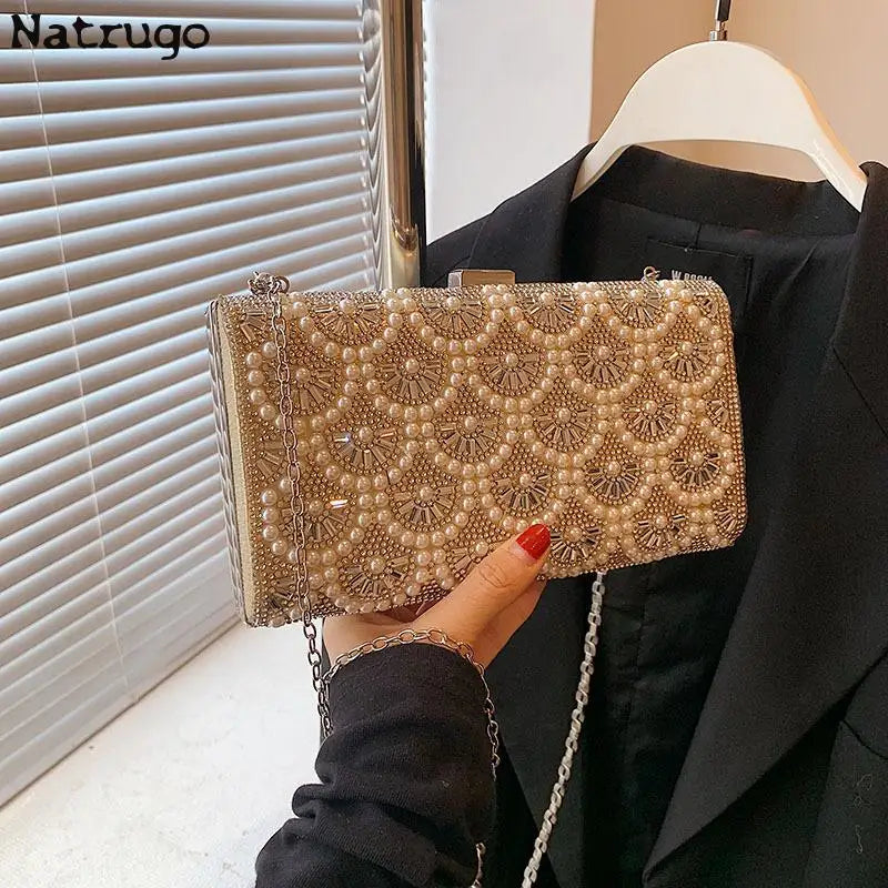 Bolso de noche con diamantes de imitación de moda, bolso de hombro con cadena para mujer, bolso cruzado cuadrado pequeño, bolso de mano con perlas de alta calidad