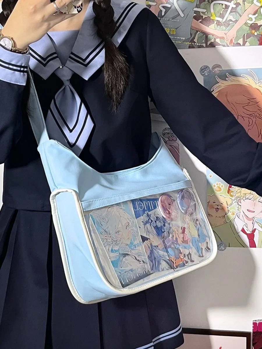 Bolso de hombro transparente para mujer, estilo itabag, para estudiantes universitarios, para la vuelta al cole, con bolsillo para muñecas, tipo bandolera