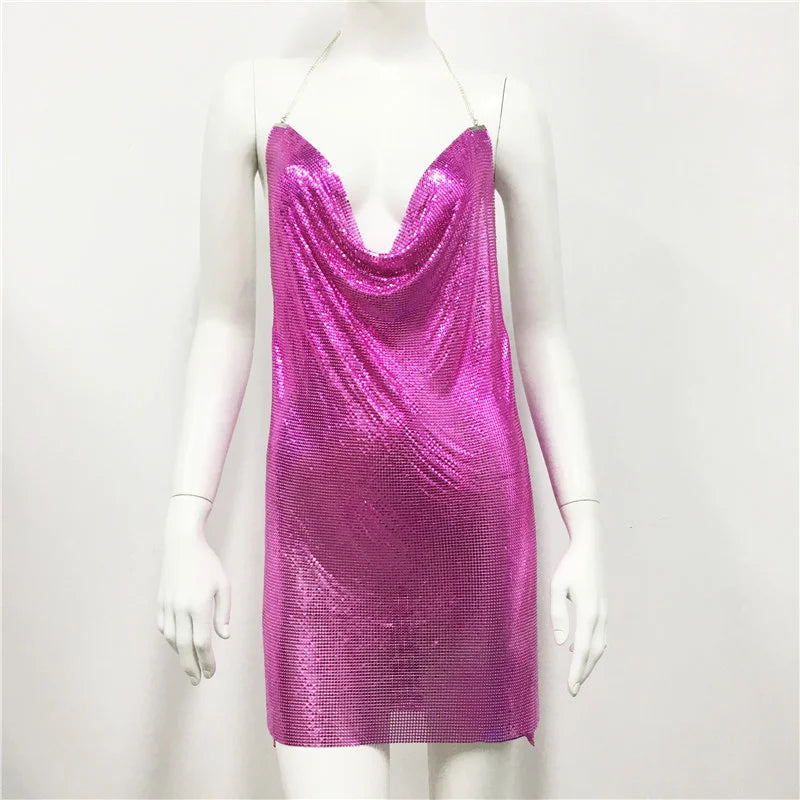 Robe d'été sexy à paillettes et chaîne transparente pour femme, dos nu, tenue de fête d'anniversaire, de boîte de nuit, robe de soirée en métal