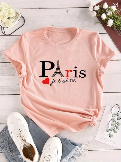 Camisetas con cuello redondo y estampado de letras de París para mujer, camisetas casuales de manga corta, camisetas casuales para todos los días, ropa para mujer, camisetas para mujer